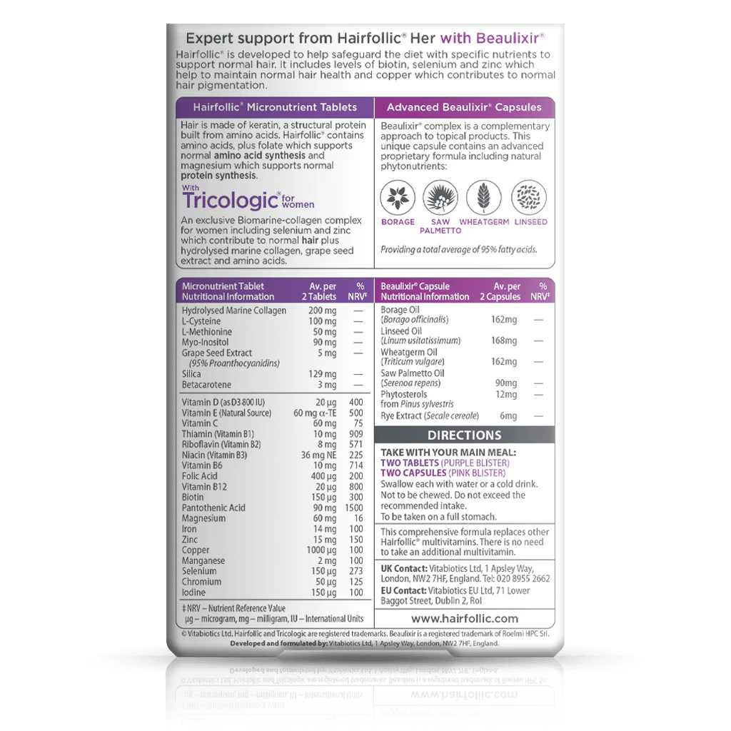 Vitabiotics Hairfollic Her Advanced Supplement Facts – 32 Nutrients including Biotin 150mcg, Selenium, Zinc, Marine Collagen, Beaulixir Capsules
