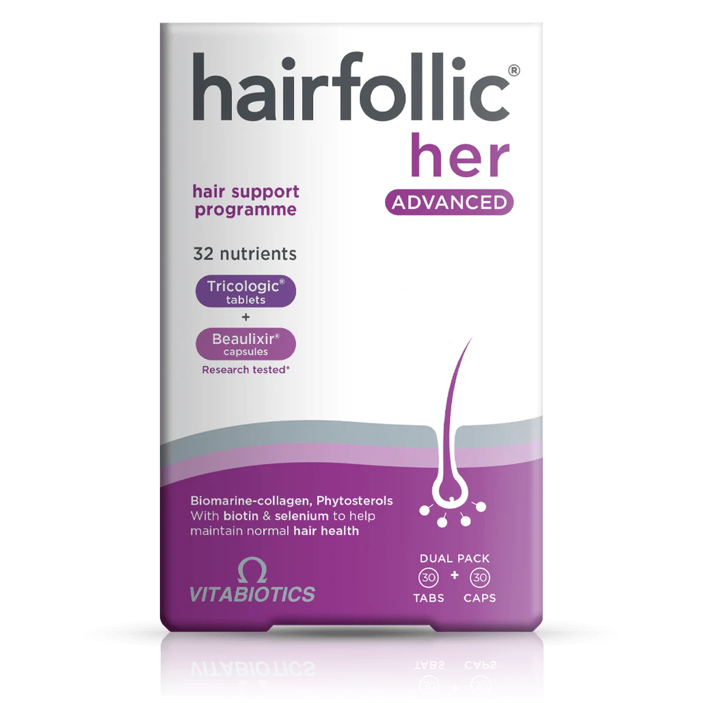 Vitabiotics Hairfollic Her Advanced Dual Pack 30 Tablets + 30 Capsules – Hair Support Programme with Tricologic & Beaulixir