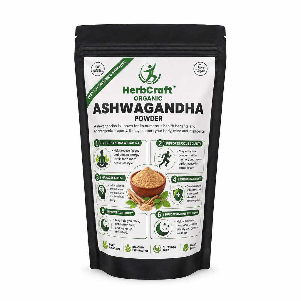 HerbCraft Organic Ashwagandha Powder 100g pouch, Withania somnifera root powder, available at docxora.com Pakistan