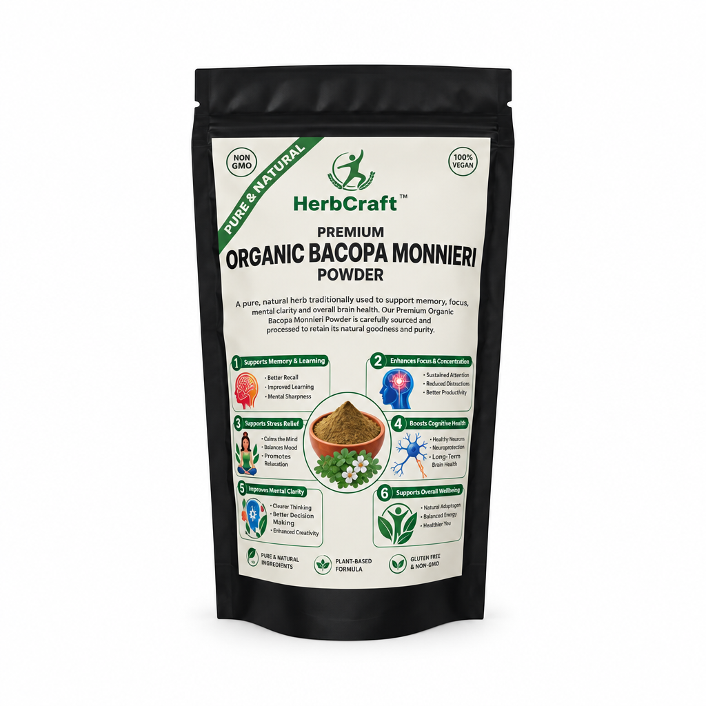 HerbCraft Premium Organic Bacopa Monnieri Powder pouch on a clean white background, showing the front label with HerbCraft branding, organic and halal icons, Bacopa Monnieri powder and wellness benefit illustrations, available in Pakistan at docxora.com