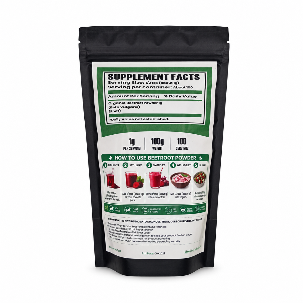 HerbCraft Premium Organic Beetroot Powder 100g black pouch, back view showing supplement facts and usage ideas, available at docxora.com Pakistan