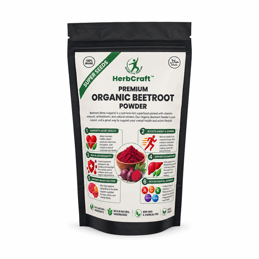 HerbCraft Organic Beetroot Powder black pouch, front label with beetroot imagery, centered on a white background | docxora.com Pakistan
