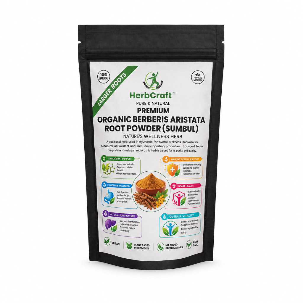 HerbCraft Premium Organic Berberis Aristata Root Powder (Sumbul) pouch, front view on a black background | docxora.com Pakistanpreview