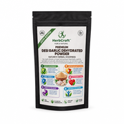 HerbCraft Premium Desi Garlic Dehydrated Powder pouch ka front view, garlic illustration aur product name ke saath, black background par, docxora.com Pakistan.
