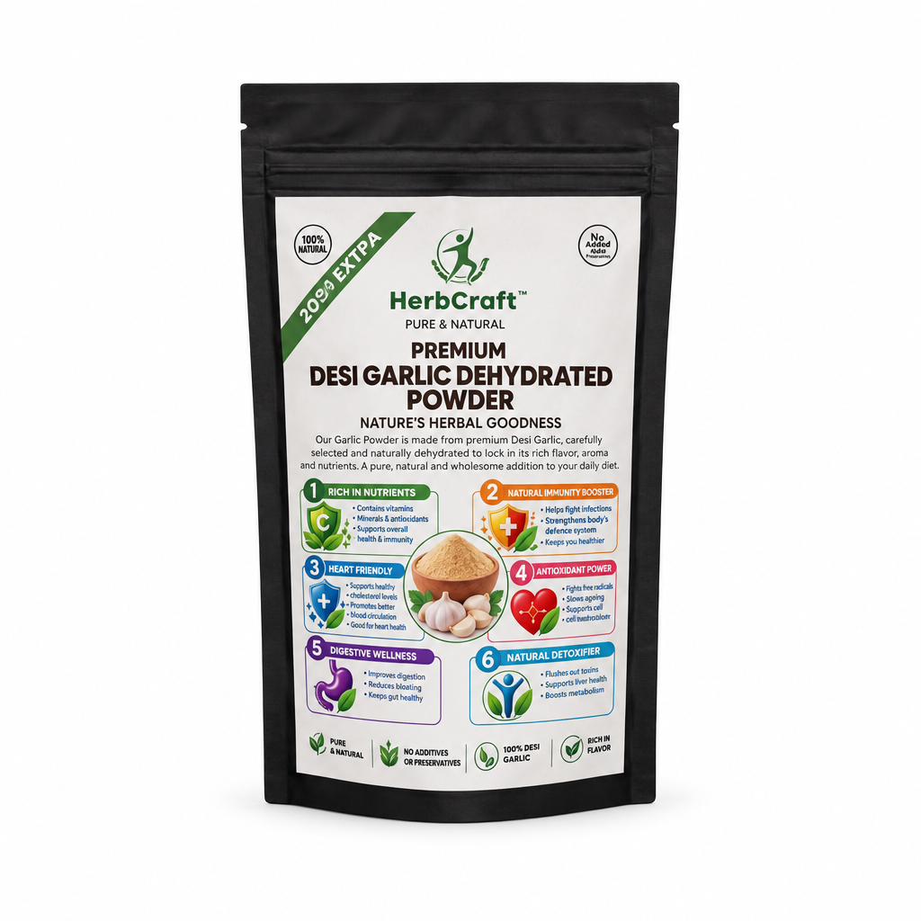 HerbCraft Premium Desi Garlic Dehydrated Powder pouch ka front view, garlic illustration aur product name ke saath, black background par, docxora.com Pakistan.