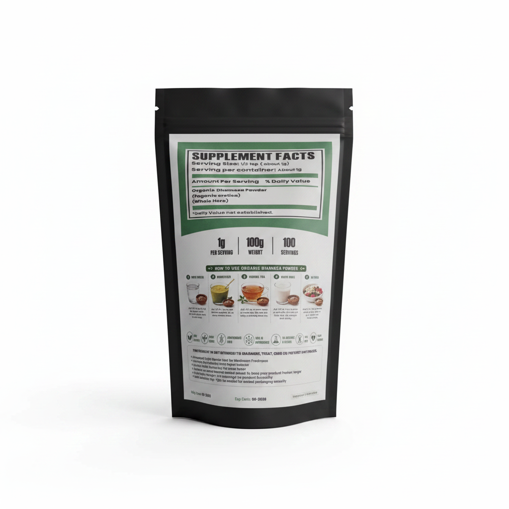 HerbCraft Organic Dhamasa Powder (Fagonia cretica) back-label pouch showing Supplement Facts, 1/2 teaspoon serving size, 100g weight, 100 servings and usage instructions on a clean white background, available at docxora.com Pakistan.⠋

