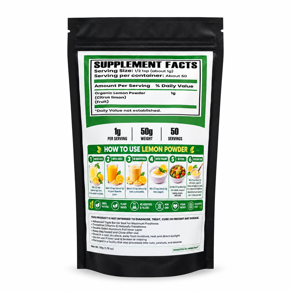 HerbCraft Sun-Dried Whole Lemon Powder pouch back view showing supplement facts and usage instructions – docxora.com Pakistan