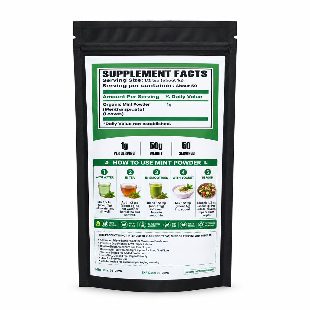 HerbCraft Premium Mint Powder pouch back view showing supplement facts and usage instructions – docxora.com Pakistan