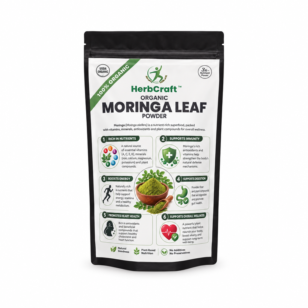 HerbCraft Organic Moringa Leaf Powder pouch, 100% organic and halal superfood supplement, available at docxora.com Pakistan