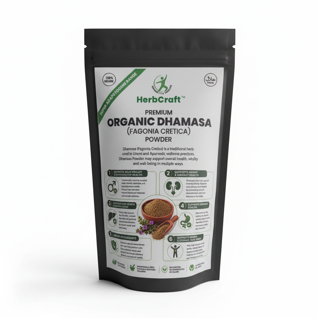 HerbCraft Premium Organic Dhamasa (Fagonia cretica) Powder stand-up pouch with 100% organic and halal labels on a clean white background, available at docxora.com Pakistan.