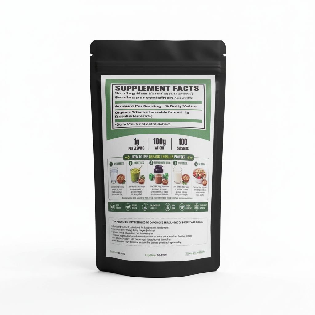 HerbCraft Organic Tribulus Powder pouch showing the supplement facts, serving instructions, storage guidance and product information on a clean white background, back-facing square image for docxora.com Pakistan