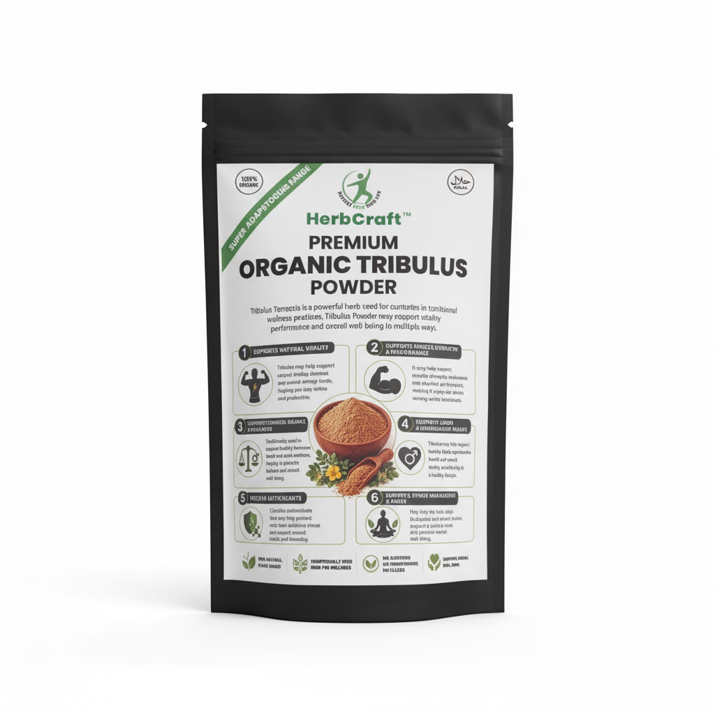HerbCraft Premium Organic Tribulus Powder pouch on a clean white background, front-facing square product image for docxora.com Pakistan