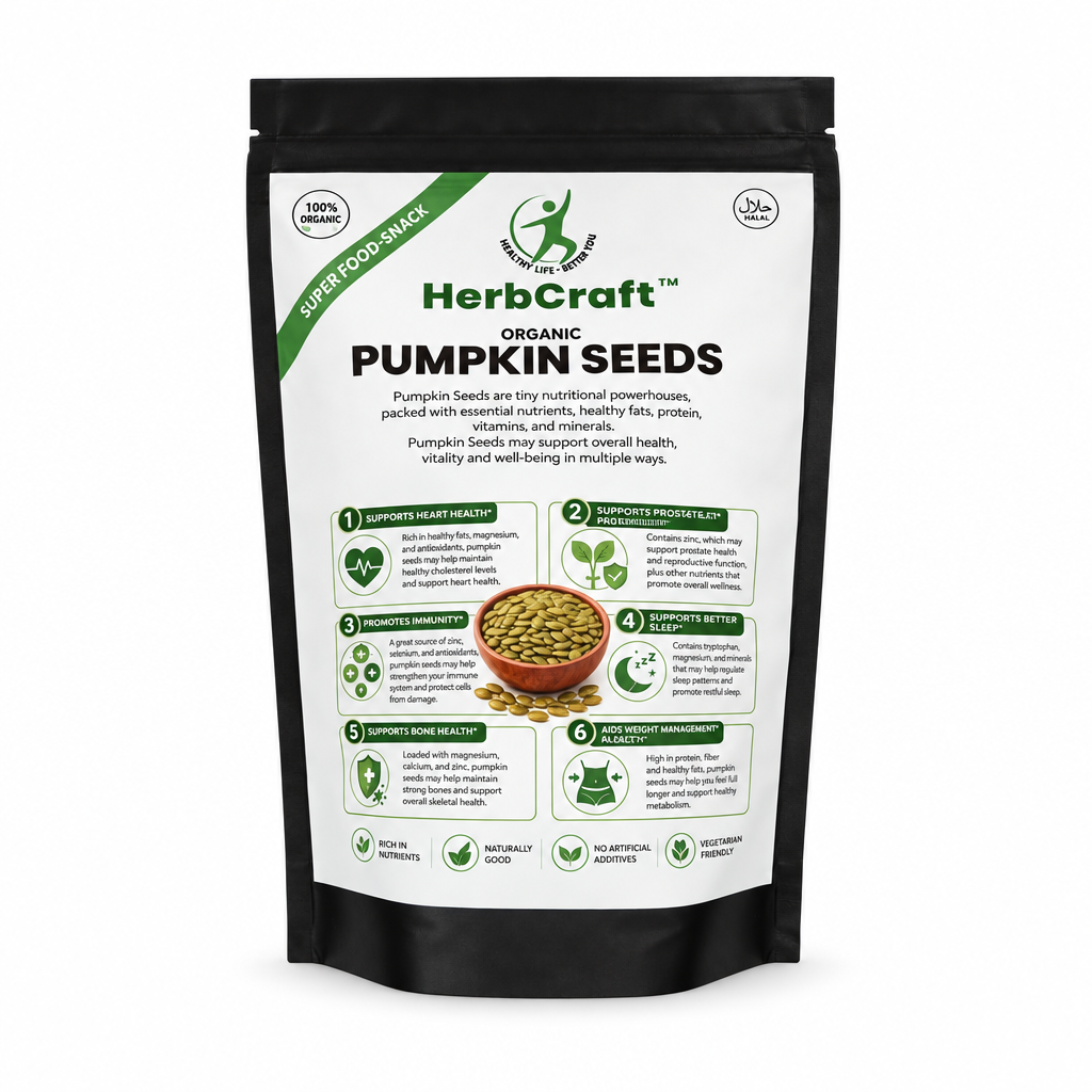 HerbCraft Organic Pumpkin Seeds 250g pouch with natural plant-based nutrition, healthy fats, protein, vitamins and minerals – DocXora Pakistan