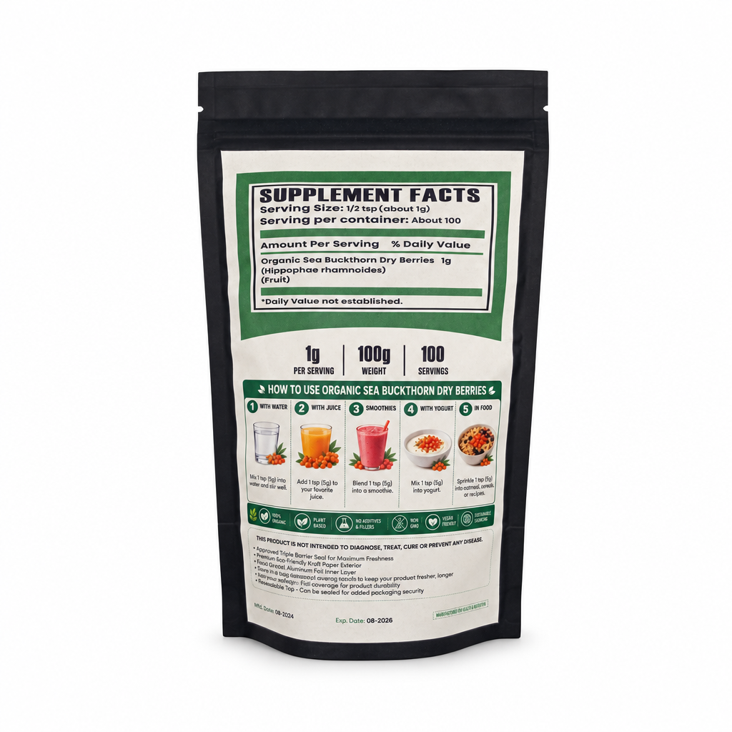 HerbCraft Premium Organic Sea Buckthorn Dry Berries 100g black pouch, back view showing supplement facts and usage ideas, available at docxora.com Pakistan