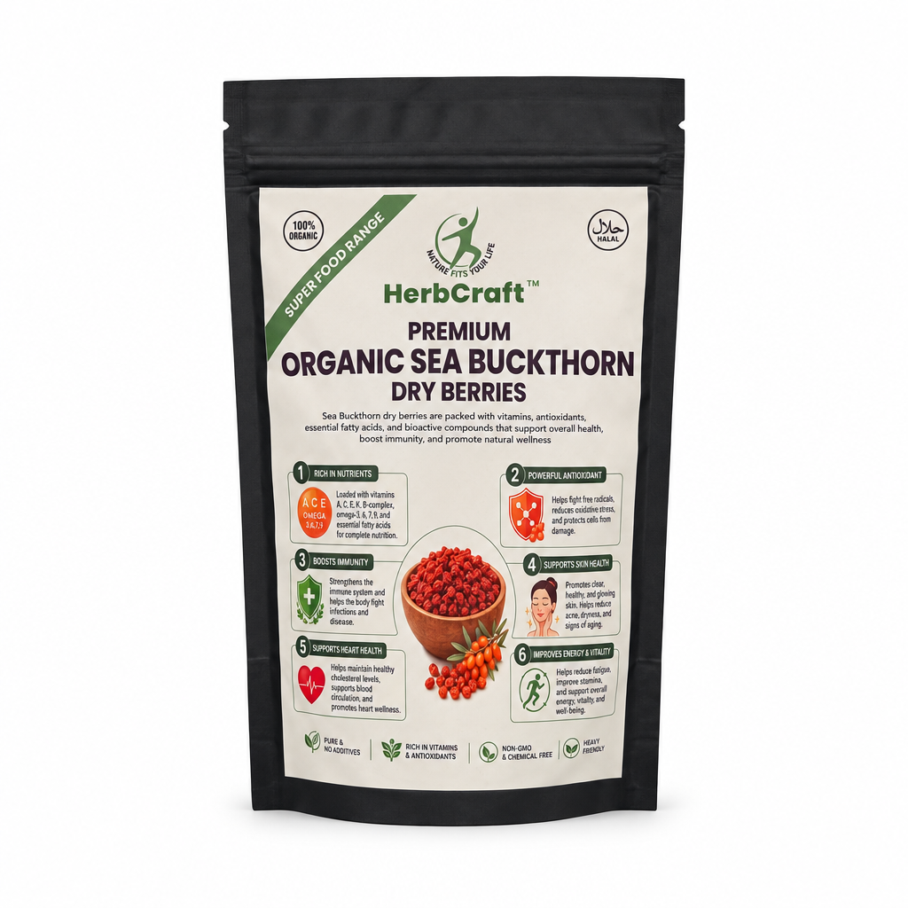HerbCraft Premium Organic Sea Buckthorn Dry Berries 100g black pouch, front view, available at docxora.com Pakistan