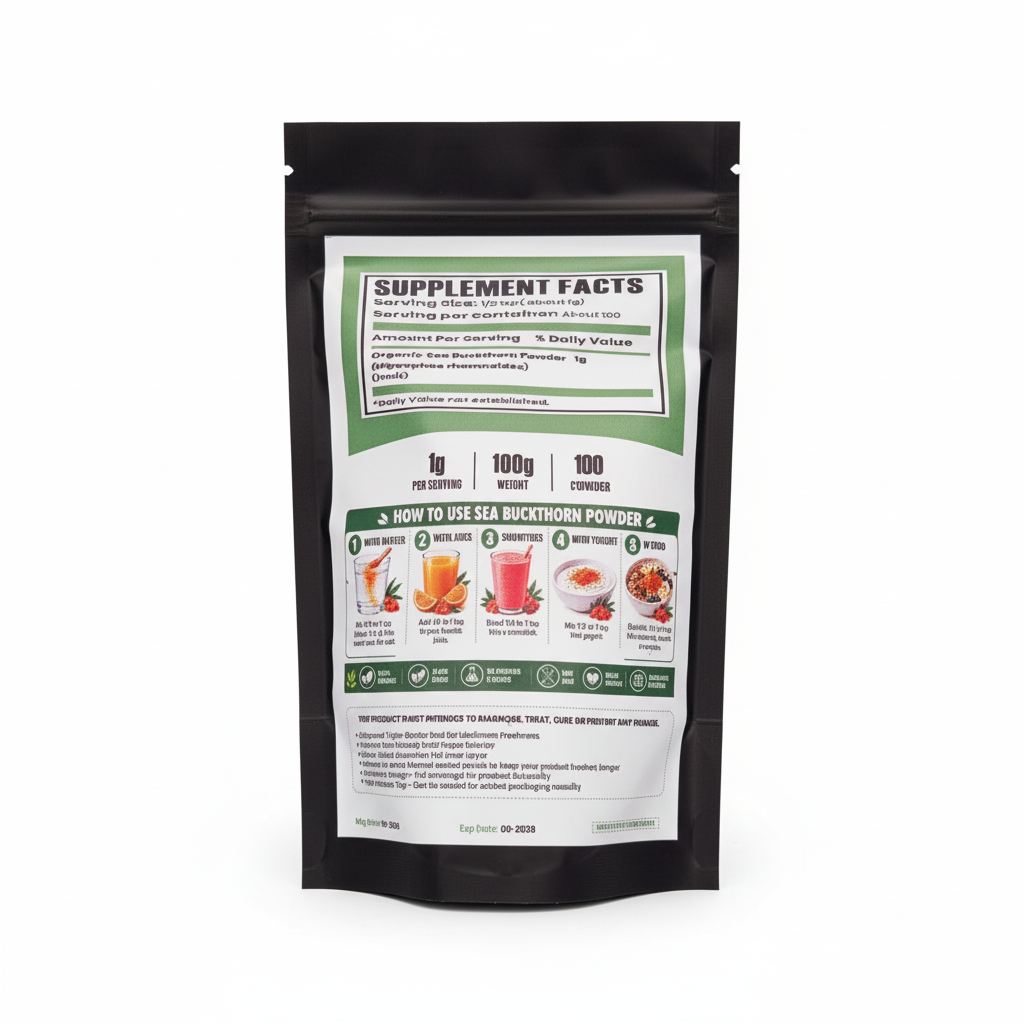 HerbCraft Organic Sea Buckthorn Powder 100g pouch showing supplement facts and usage instructions on a white background, available at docxora.com Pakistan