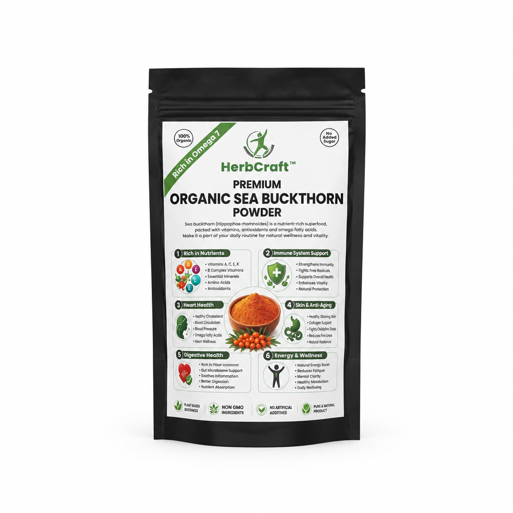 HerbCraft Organic Sea Buckthorn Powder 100g pouch on a clean white background, available at docxora.com Pakistan