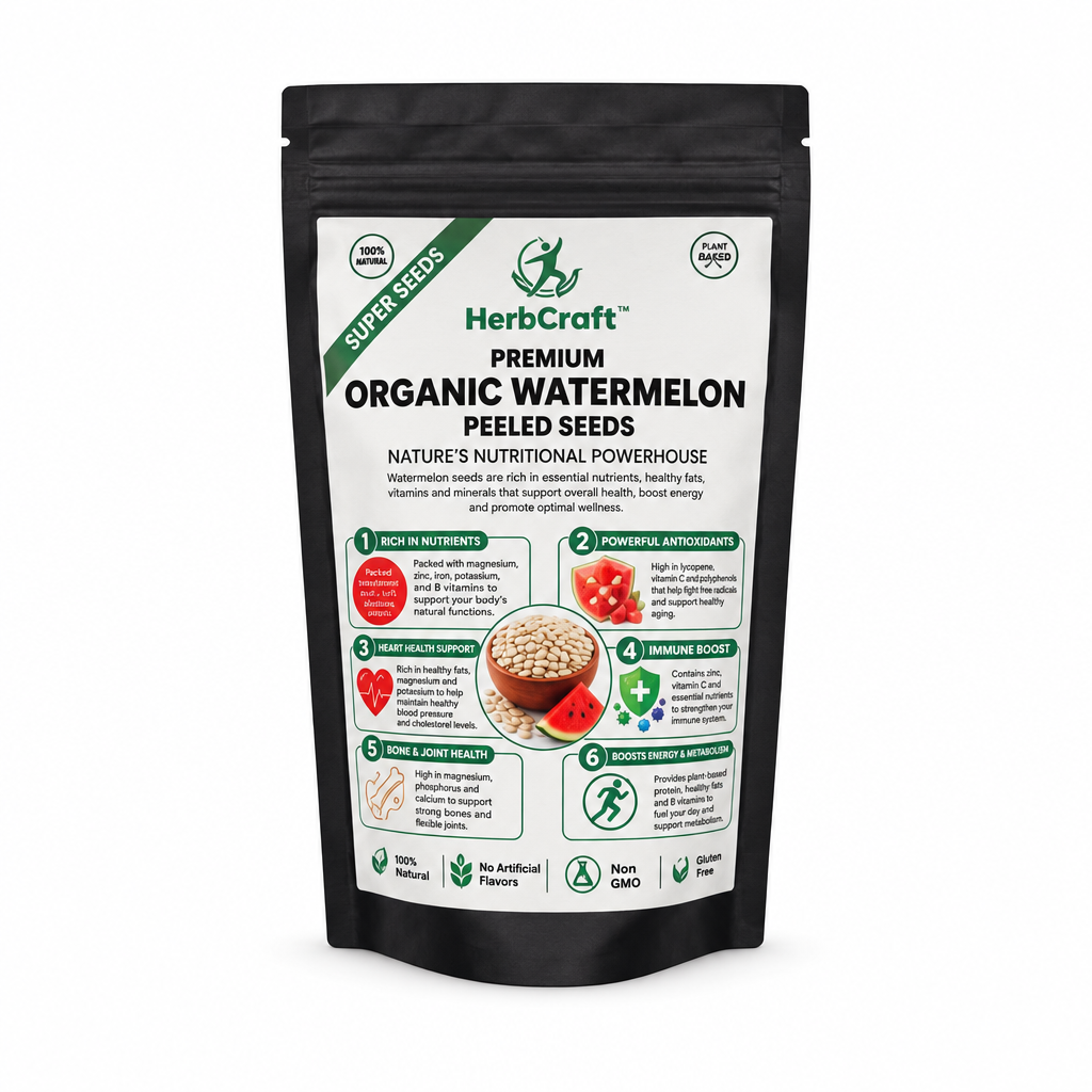 HerbCraft Premium Organic Watermelon Peeled Seeds 100g pouch ka front view, black background par, docxora.com