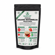HerbCraft Premium Organic Watermelon Peeled Seeds 100g pouch ka front view, black background par, docxora.com
