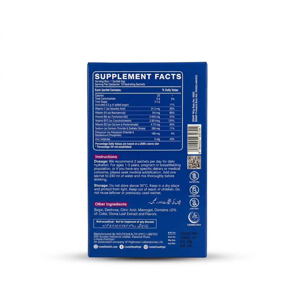 Route2Health Hydr8+ Vita-Lyte Mix Berry Burst Raspberry & Blueberry Flavor box ka blue back view, supplement facts, ingredients, directions aur barcode ke saath – docxora.com Pakistan