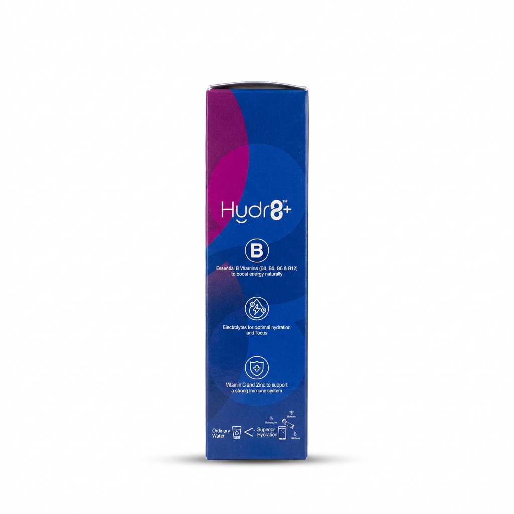 Route2Health Hydr8+ Vita-Lyte Mix Berry Burst Raspberry & Blueberry Flavor box ka blue aur magenta side view, B vitamins, electrolytes aur vitamin C-zinc icons ke saath – docxora.com Pakistan