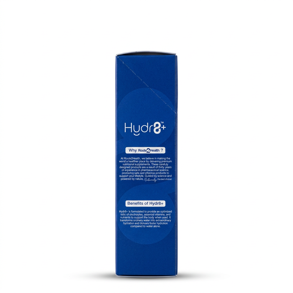 Route2Health Hydr8+ Vita-Lyte Mix Berry Burst Raspberry & Blueberry Flavor box ka blue side view, brand information aur product benefits ke saath – docxora.com Pakistan