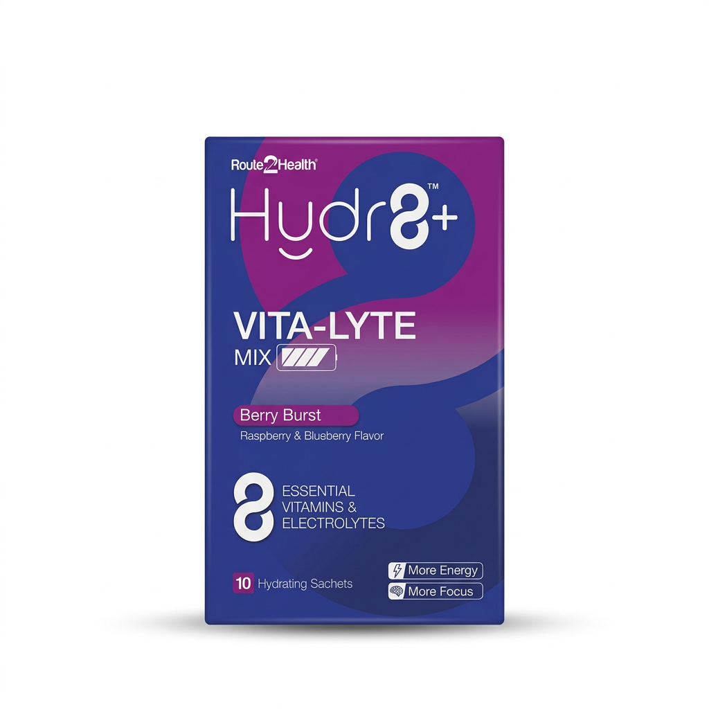 Route2Health Hydr8+ Vita-Lyte Mix Berry Burst Raspberry & Blueberry Flavor, 10 hydrating sachets ka blue aur magenta box – docxora.com Pakistan