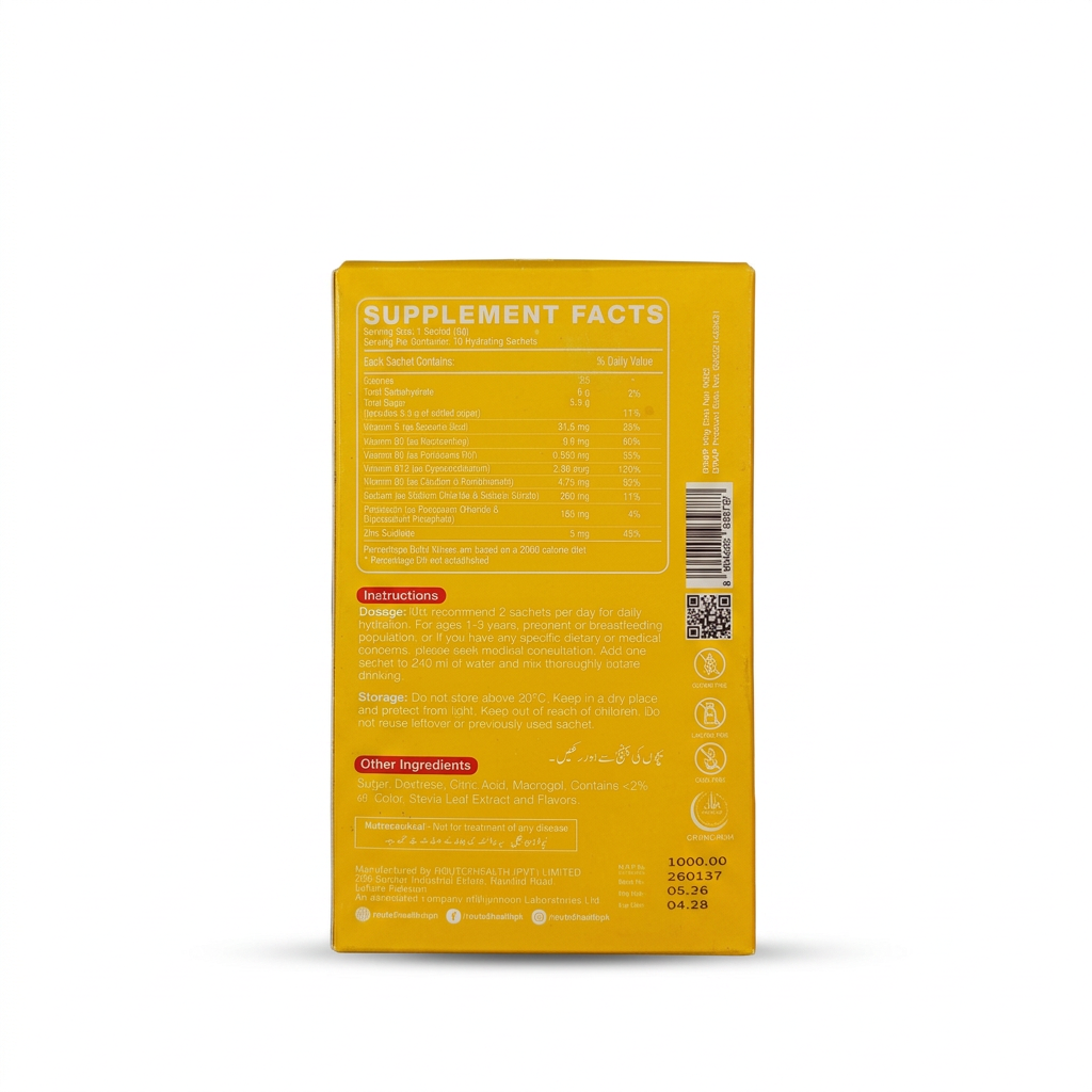 Route2Health Hydr8+ Vita-Lyte Mix Summer Splash Peach & Mango Flavor box ka yellow back view, supplement facts, directions aur barcode ke saath – docxora.com Pakistan