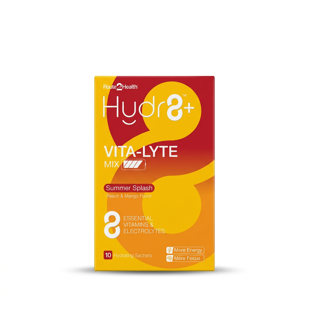 Route2Health Hydr8+ Vita-Lyte Mix Summer Splash Peach & Mango Flavor, 10 sachets ka yellow aur red box – docxora.com Pakistan
