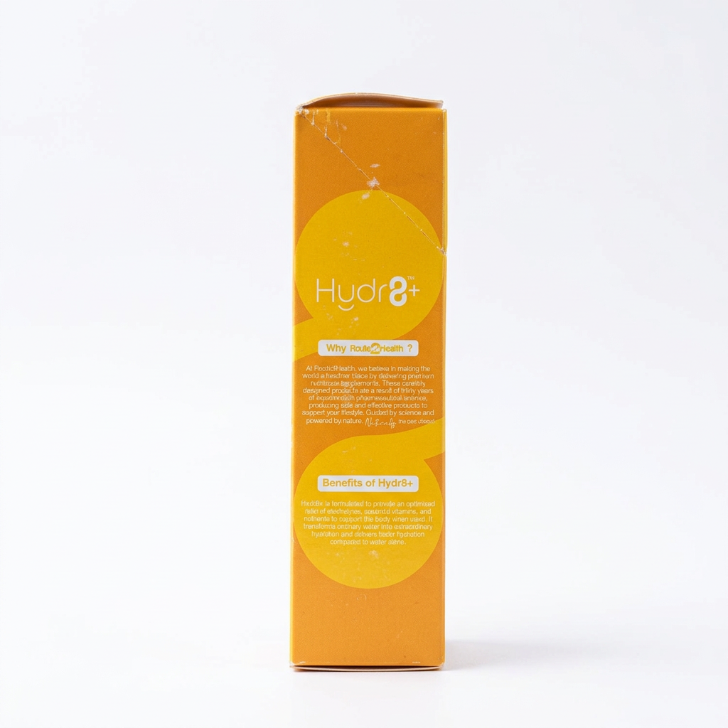 Route2Health Hydr8+ Vita-Lyte Mix Summer Splash Peach & Mango Flavor box ka yellow aur orange side view, brand information aur product benefits ke saath – docxora.com Pakistan