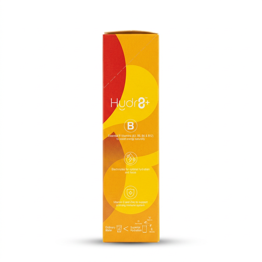 Route2Health Hydr8+ Vita-Lyte Mix Summer Splash Peach & Mango Flavor box ka yellow aur orange side view, vitamins aur electrolytes ke feature icons ke saath – docxora.com Pakistan