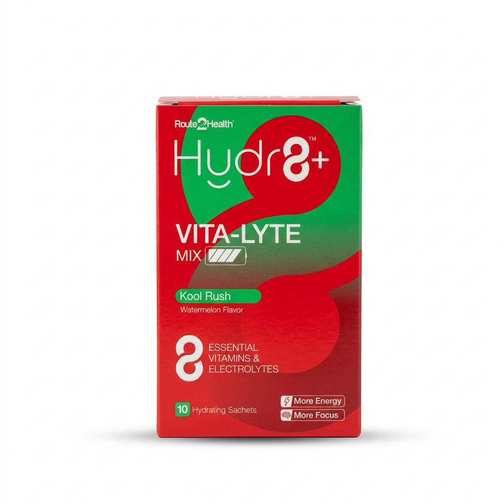 Route2Health Hydr8+ Vita-Lyte Mix Kool Rush Watermelon Flavor, 10 hydrating sachets ka red aur green box – docxora.com Pakistan