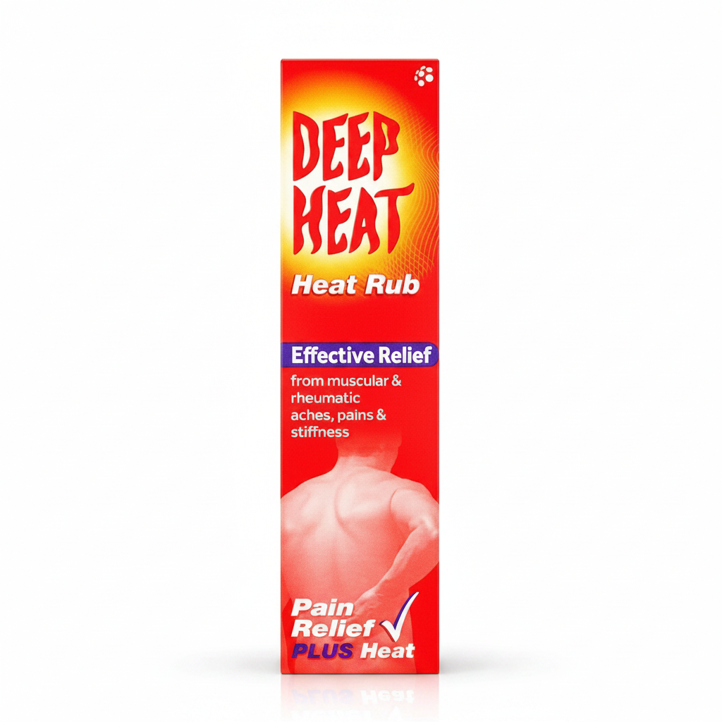 Deep Heat Heat Rub Pain Relief Plus Heat box for muscular and rheumatic aches, pains and stiffness on a clean white background, available at docxora.com Pakistan`