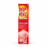 Deep Heat Heat Rub Pain Relief Plus Heat box for muscular and rheumatic aches, pains and stiffness on a clean white background, available at docxora.com Pakistan`