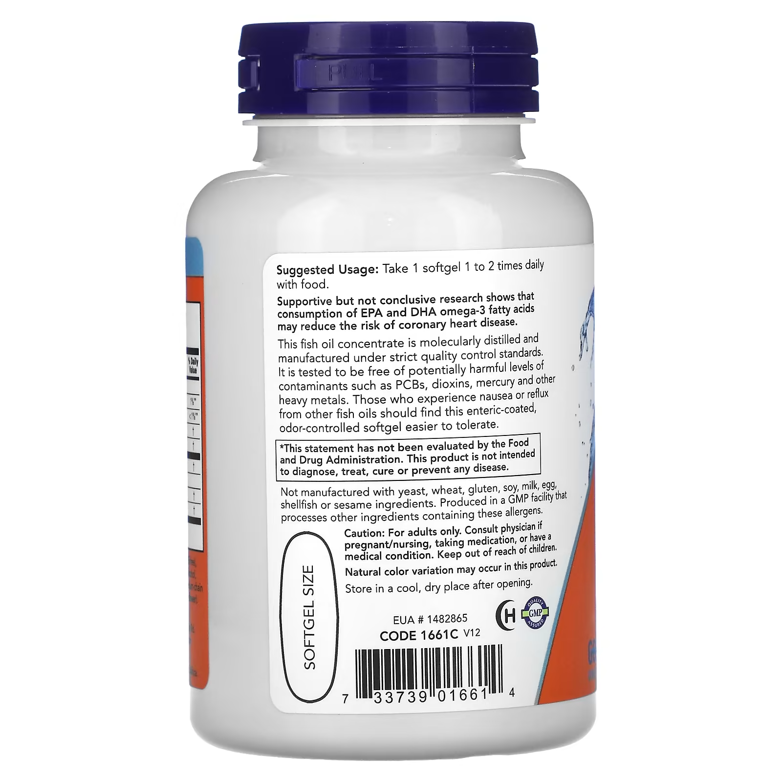 NOW Foods Ultra Omega-3 Fish Oil Side Label - Suggested Use Caution GMP Certified - Molecularly Distilled PCB Free Mercury Free - Enteric Coated Odor Controlled Softgel - Docxora Pakistan