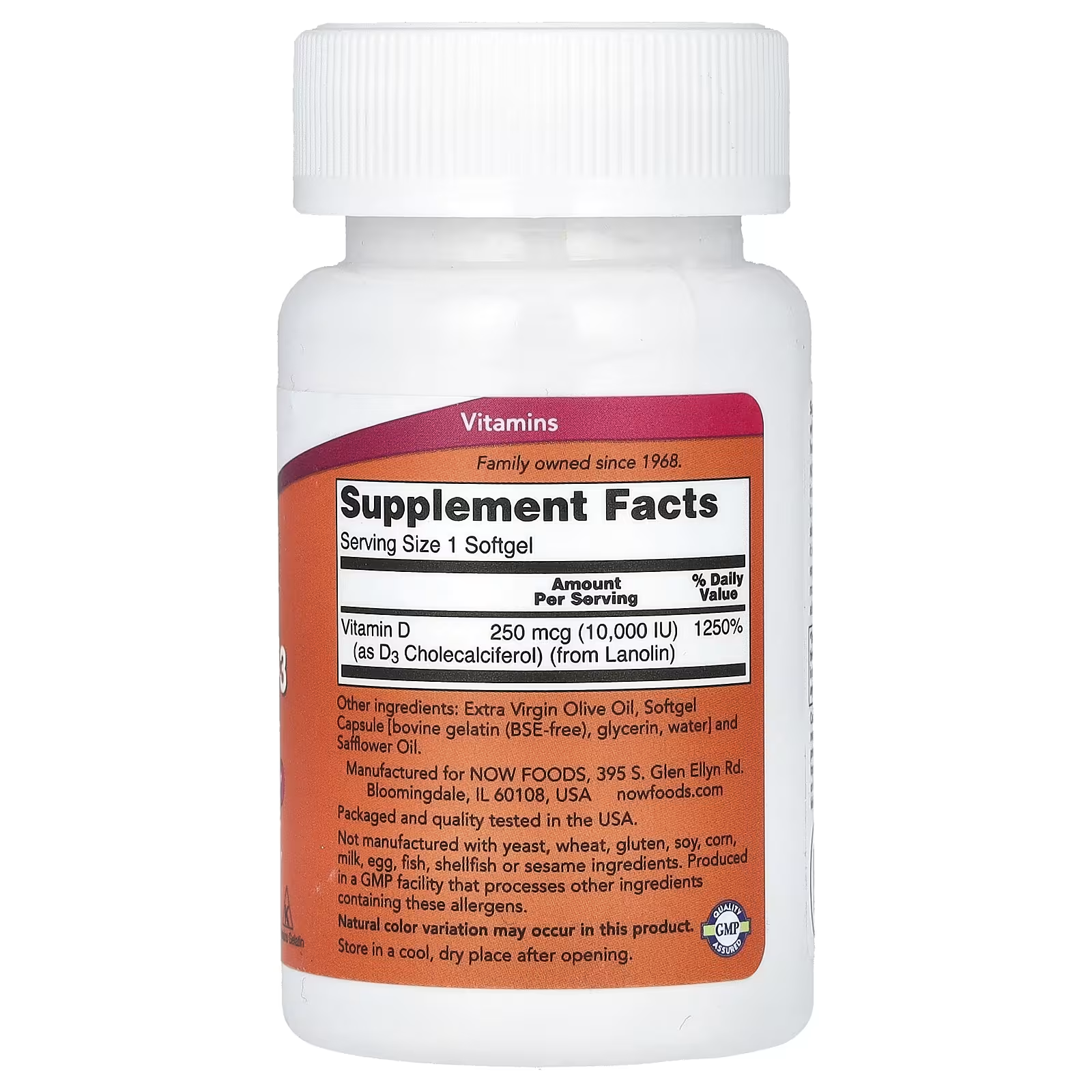 NOW Vitamin D-3 10000 IU Supplement Facts Panel – Cholecalciferol from Lanolin, GMP Quality Assured