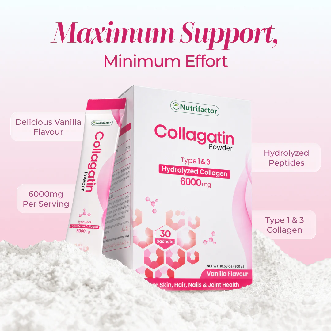 Nutrifactor Collagatin Powder 30 Sachets – 6000mg Per Serving, Type 1 & 3 Hydrolyzed Peptides, Delicious Vanilla Flavour – Maximum Support for Skin, Hair, Nails & Joints – docxora.com Pakistan