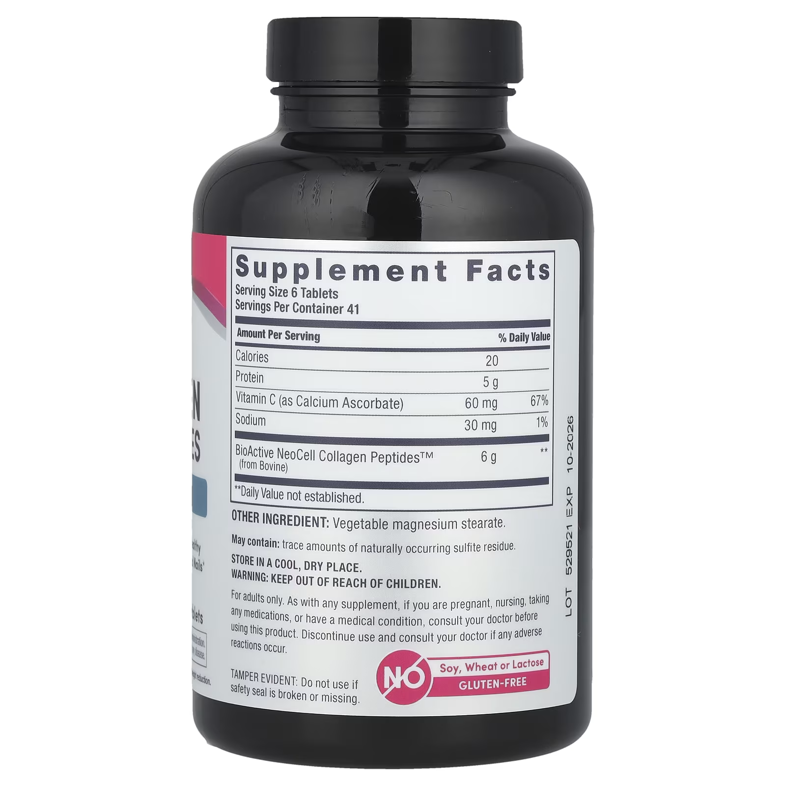 NeoCell Grassfed Collagen Peptides + Vitamin C Supplement Facts – Serving Size 6 Tablets, 41 Servings, 6g BioActive Collagen Peptides, 60mg Vitamin C, Gluten-Free, No Soy Wheat or Lactose, 250 Tablets
