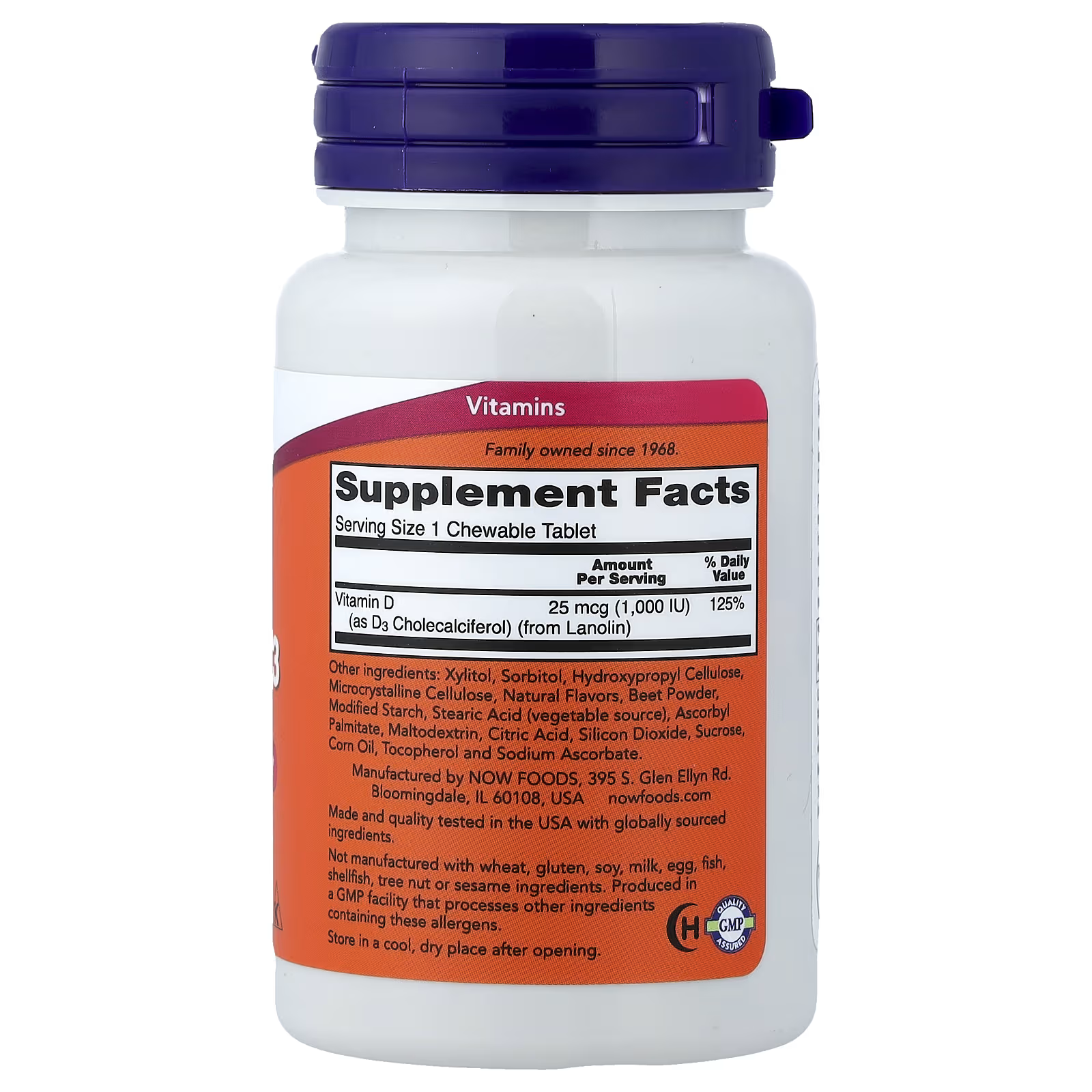 NOW Foods Chewable Vitamin D3 1000 IU Supplement Facts - Cholecalciferol 25mcg from Lanolin, Other Ingredients Label - Made in USA