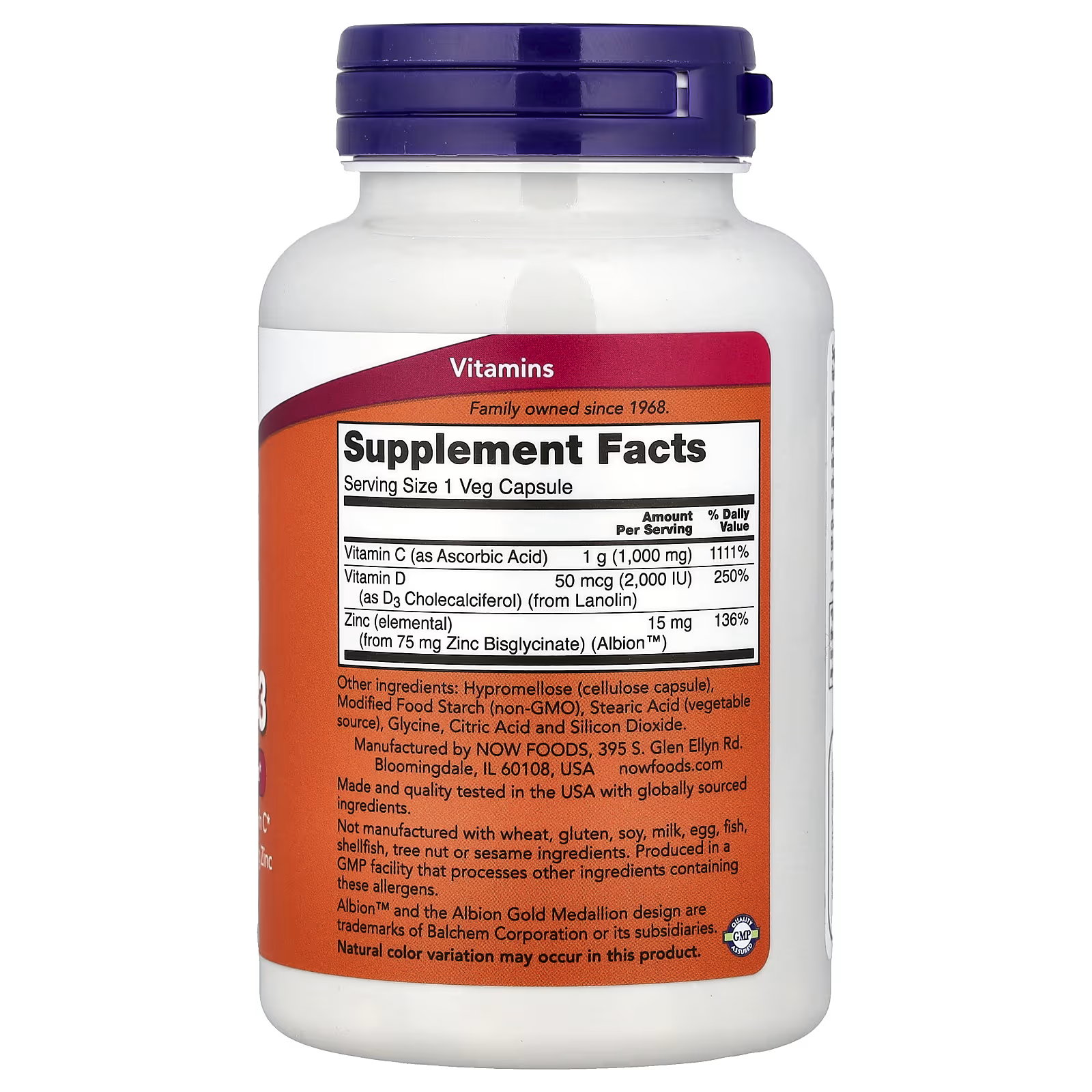 Vitamin C (Ascorbic Acid): 1,000mg — 1111% DV
Vitamin D-3 (Cholecalciferol, from Lanolin): 2,000 IU — 250% DV
Zinc (from Albion™ Zinc Bisglycinate): 15mg — 136% DV
Other Ingredients: Hypromellose capsule, Modified Food Starch (non-GMO), Stearic Acid (vegetable), Glycine, Citric Acid, Silicon Dioxide
Allergen Info: Free from wheat, gluten, soy, milk, egg, fish, shellfish, tree nut & sesame
Made & quality tested in the USA | GMP certified