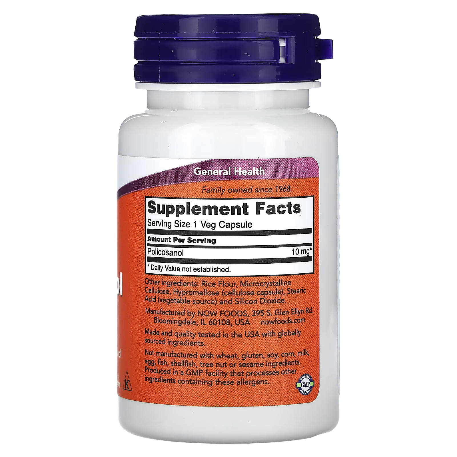 NOW Foods Policosanol 10mg Supplement Facts - Serving Size 1 Veg Capsule - 10mg Policosanol Per Serving - GMP Certified - No Wheat Gluten Soy Corn - Made in USA - Docxora Pakistan