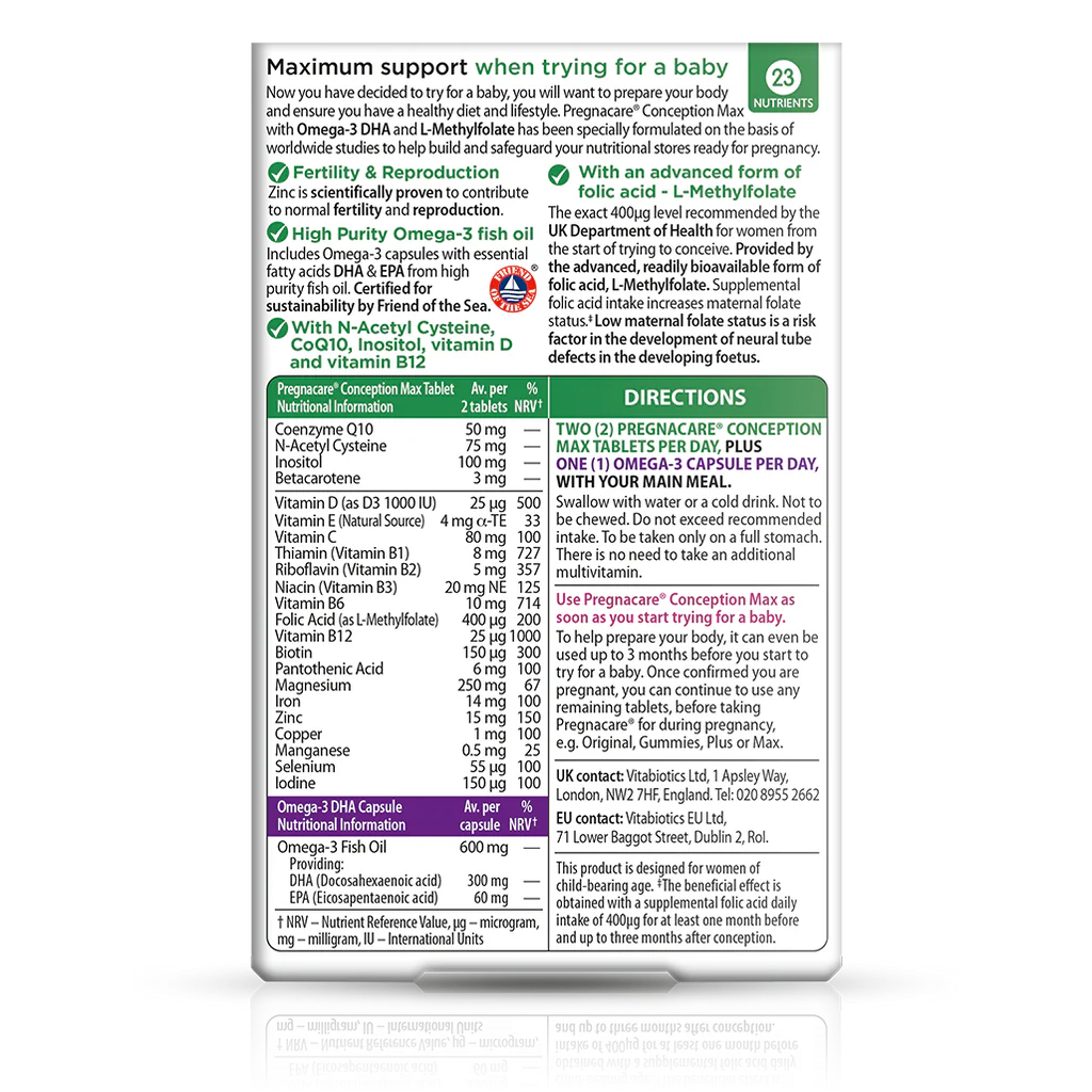 VITABIOTICS Pregnacare Conception Max Nutritional Label - 23 Nutrients including Folic Acid 400mcg, Vitamin D 25mcg, CoQ10 50mg, Omega-3 DHA 300mg, Zinc 15mg, Magnesium 250mg - Directions 2 Tablets Plus 1 Omega-3 Capsule Daily - docxora.com Pakistan