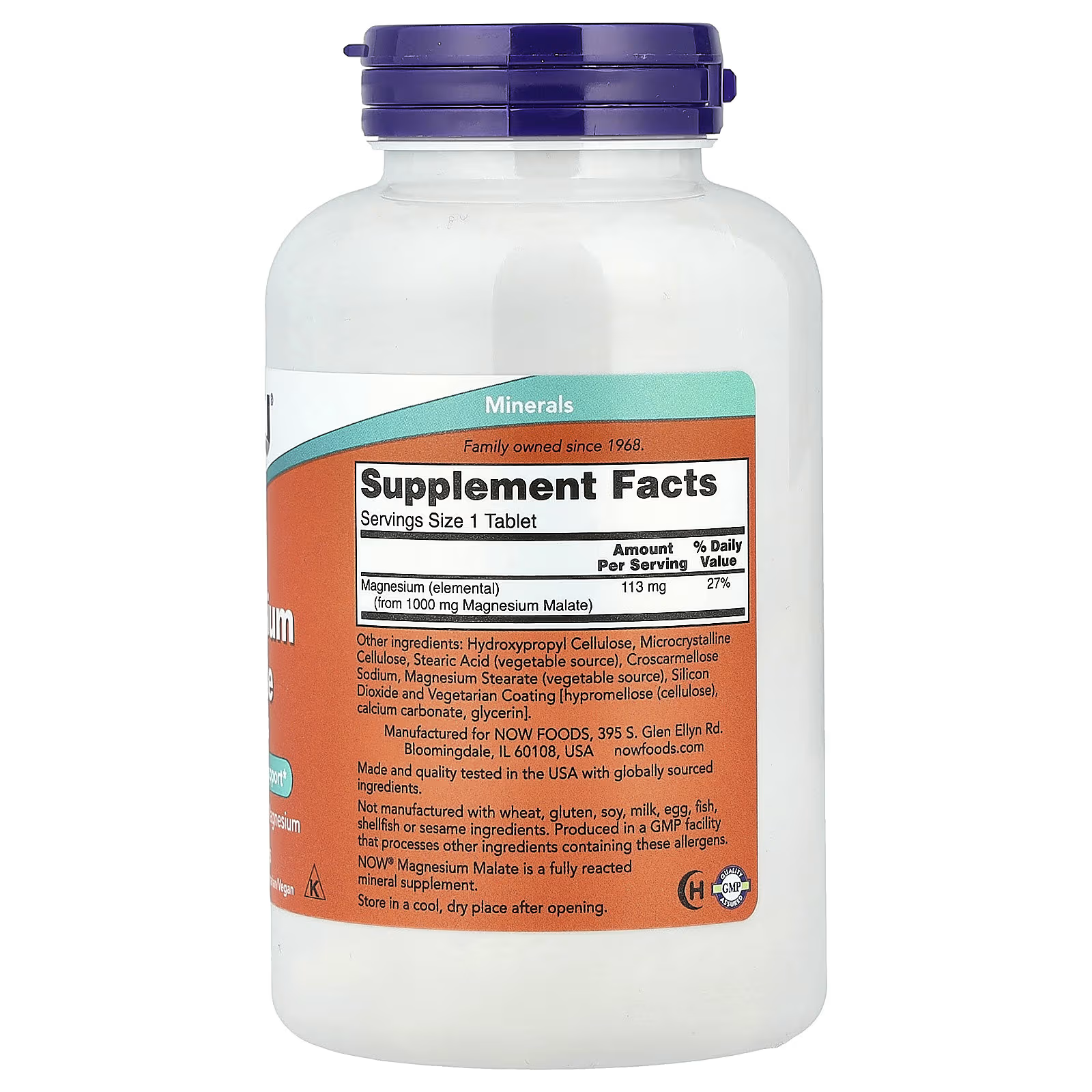 NOW Foods Magnesium Malate 1000mg Supplement Facts - Serving Size 1 Tablet, 113mg Elemental Magnesium (27% DV) - Fully Reacted Mineral, GMP Certified, Made in USA by NOW Foods