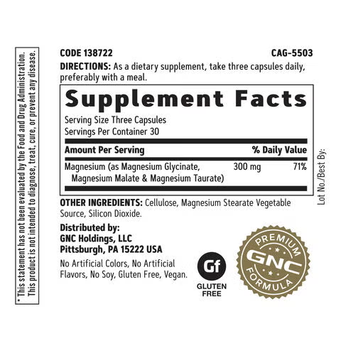 NC Super Magnesium 300mg Supplement Facts – 300mg Magnesium Glycinate, Malate & Taurate per serving, 90 Capsules, Gluten Free, Vegan