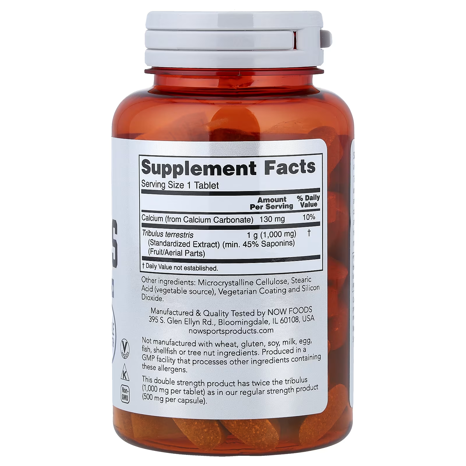 NOW Sports Tribulus 1000mg Supplement Facts - Tribulus terrestris 45% Saponins 130mg Calcium per tablet - 90 Tablets Vegan Non-GMO GMP Certified