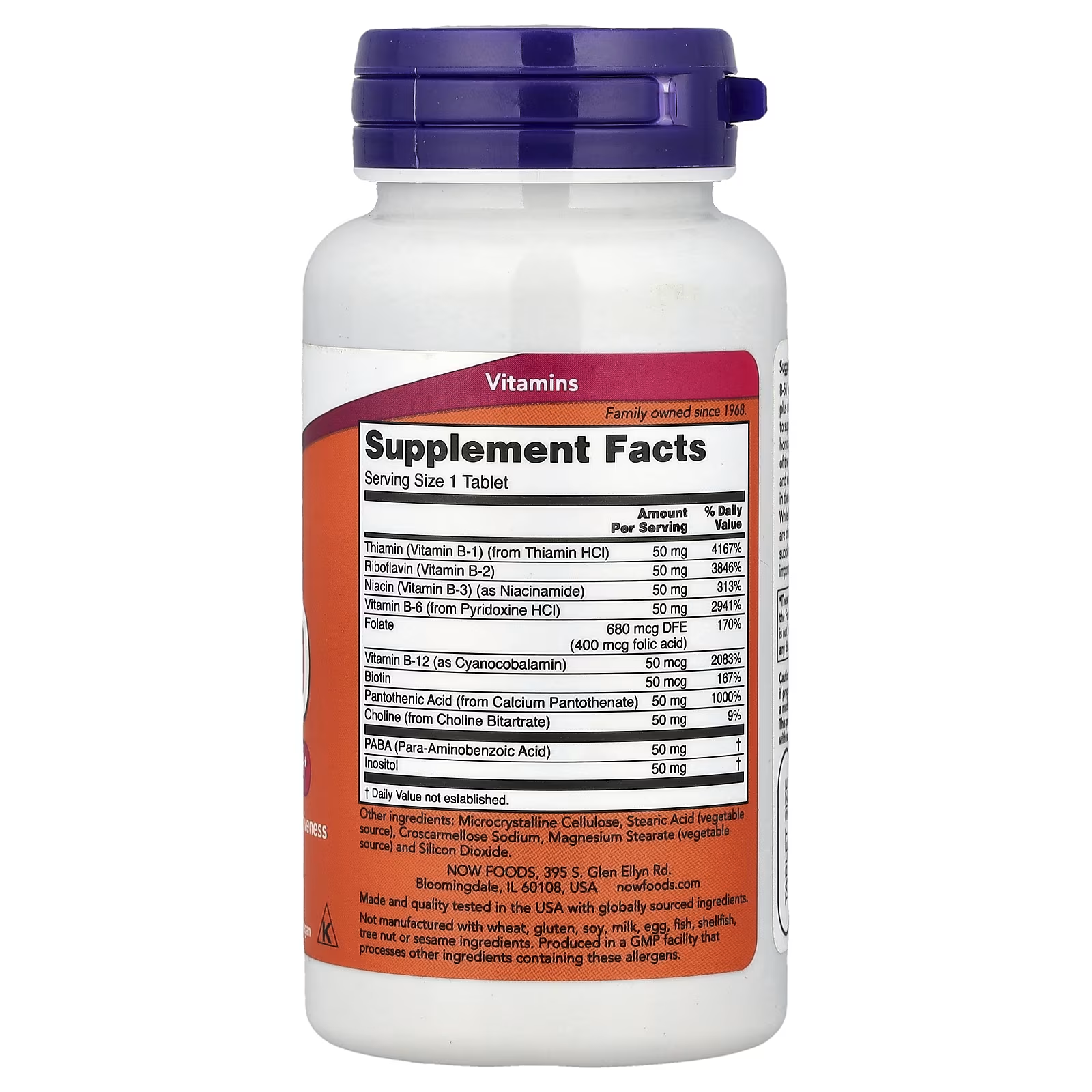 NOW B-50 Complex supplement facts label - serving size 1 tablet, 50mg each of B1, B2, B3, B6, B12, Biotin, Pantothenic Acid, Choline, PABA and Inositol, vegetarian, non-GMO, made in USA