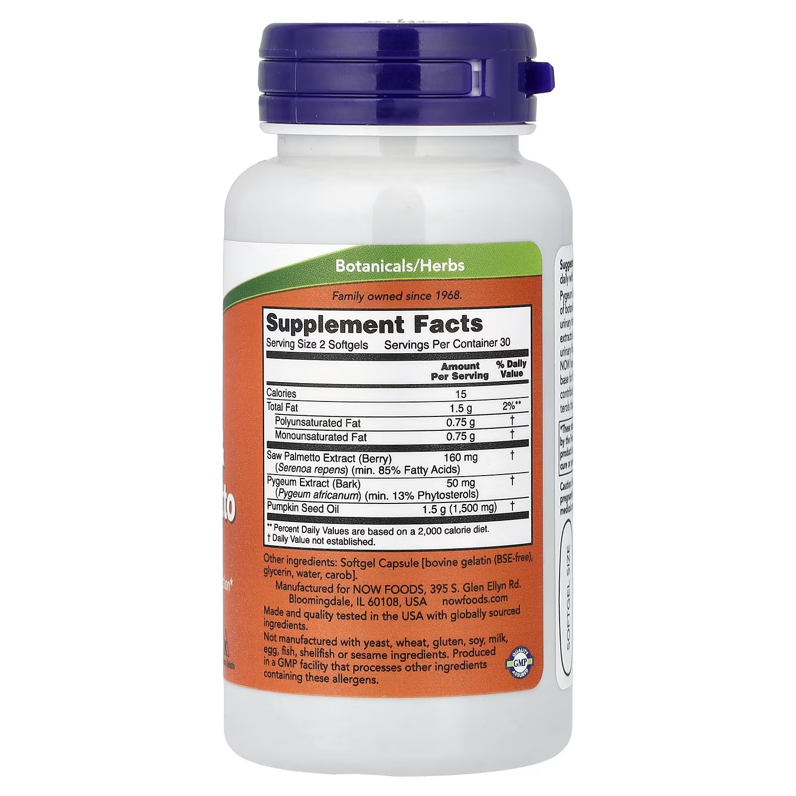 NOW Foods Pygeum & Saw Palmetto Supplement Facts Panel - Saw Palmetto 160mg, Pygeum 50mg, Pumpkin Seed Oil 1500mg, 30 Servings, GMP Certified, Available in Pakistan at docxora.com
