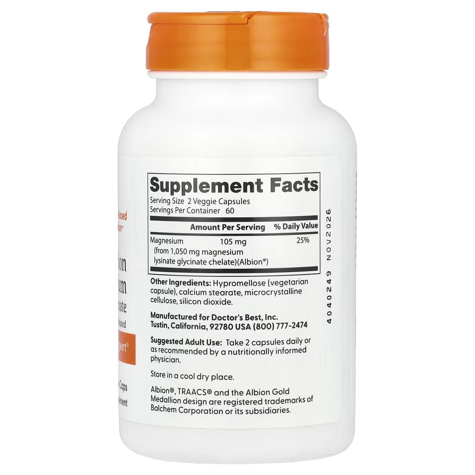 Doctor's Best High Absorption Magnesium Lysinate Glycinate 105mg - 120 Veggie Caps - 100% Chelated for Muscle Relaxation & Sleep Support - Doctor's Best USA