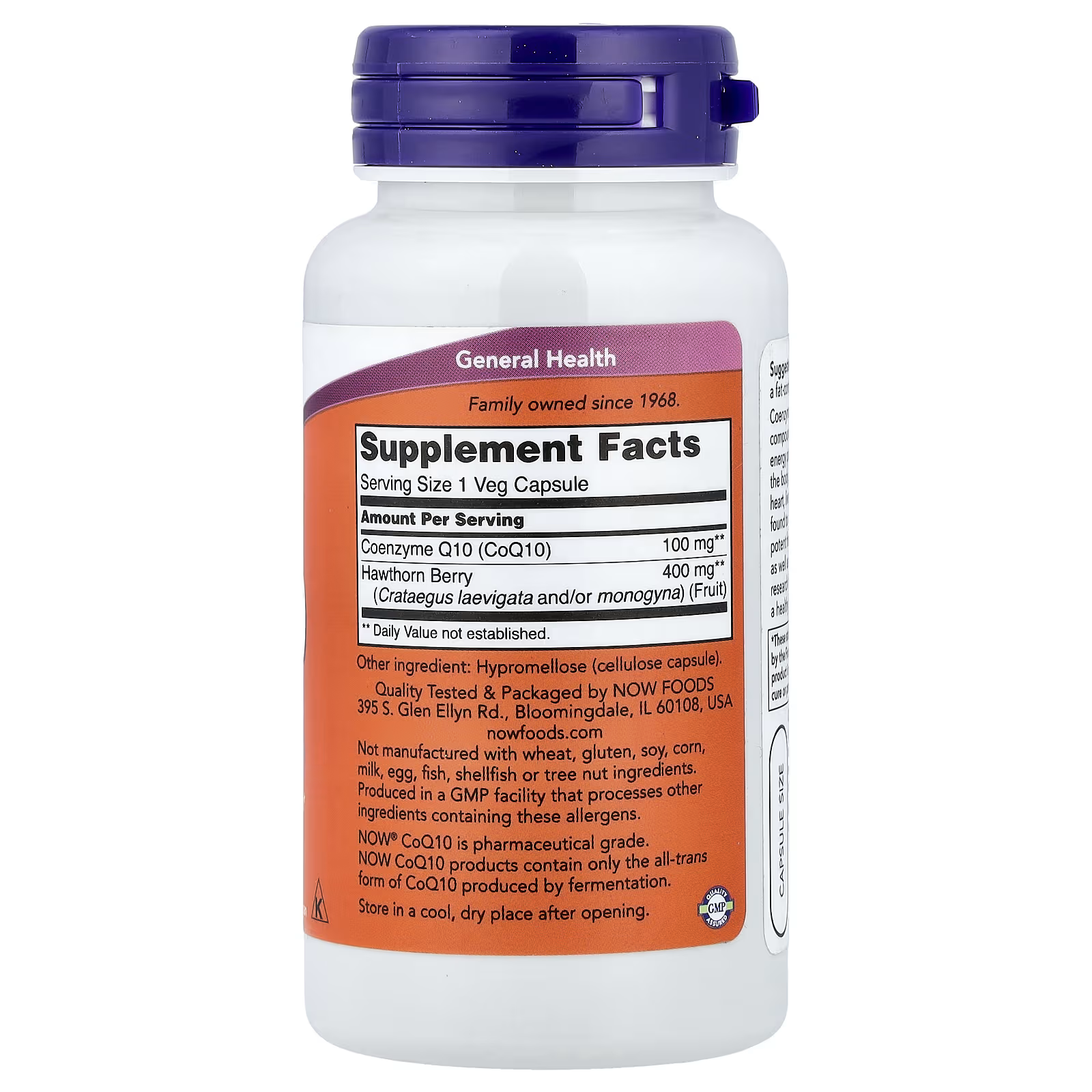 CoQ10: 100mg per capsule — Pharmaceutical Grade, All-Trans form produced by fermentation (great quality differentiator!)
Hawthorn Berry (Crataegus laevigata and/or monogyna): 400mg per capsule
Other Ingredient: Hypromellose (cellulose capsule) only — very clean formula!
Allergen Info: Free from wheat, gluten, soy, corn, milk, egg, fish, shellfish & tree nuts
GMP certified | Quality Tested & Packaged by NOW FOODS