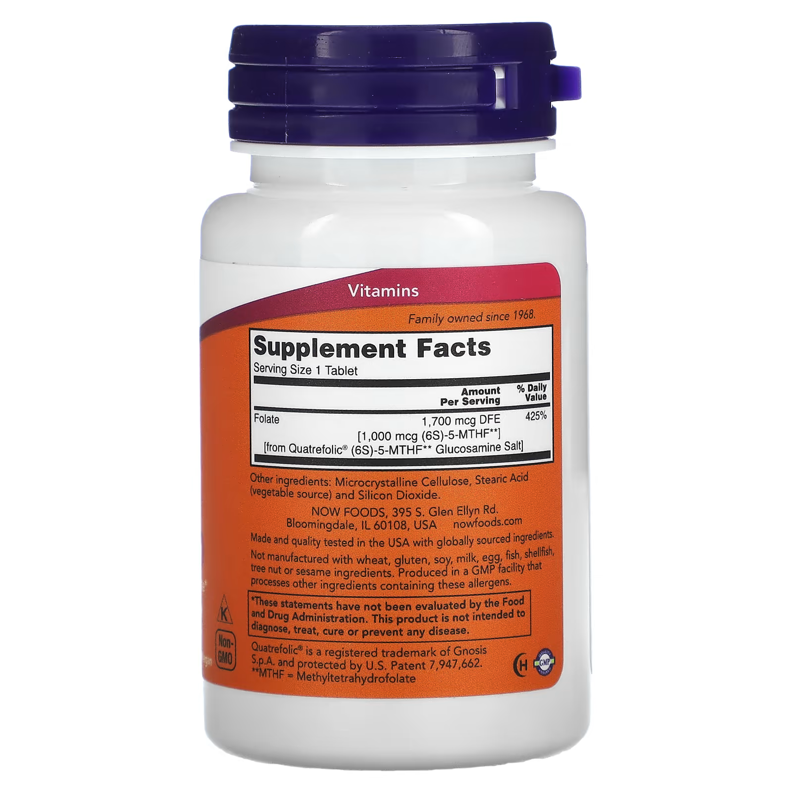 Folate: 1,700mcg DFE — 425% DV (corrected from earlier estimate — label shows 425% not 250%)
Form: 1,000mcg (6S)-5-MTHF from Quatrefolic® Glucosamine Salt
Other Ingredients: Microcrystalline Cellulose, Stearic Acid (vegetable), Silicon Dioxide
Allergen Info: Free from wheat, gluten, soy, milk, egg, fish, shellfish, tree nut & sesame
Non-GMO | GMP certified | Made & quality tested in the USA